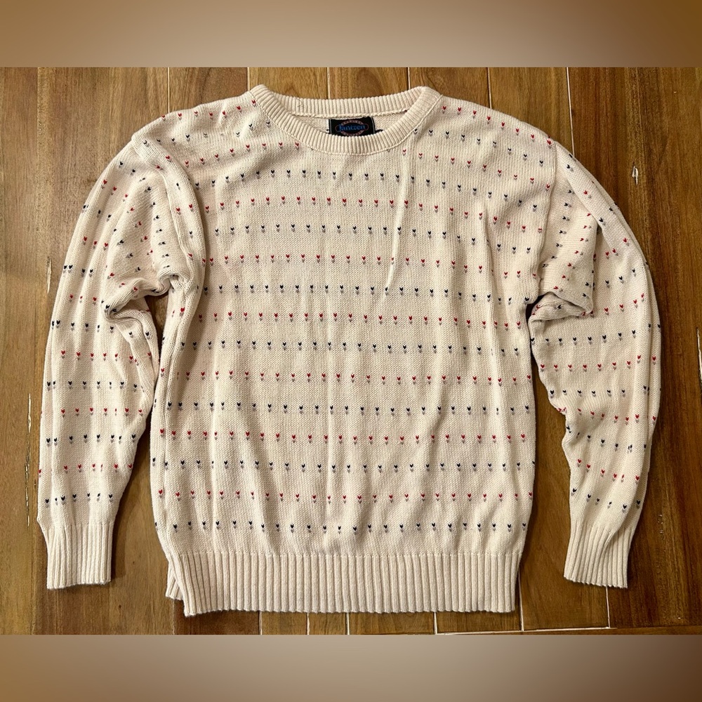 Vintage Jantzen Womens Medium Cream Patterned Crew Neck Sweater Made in USA
